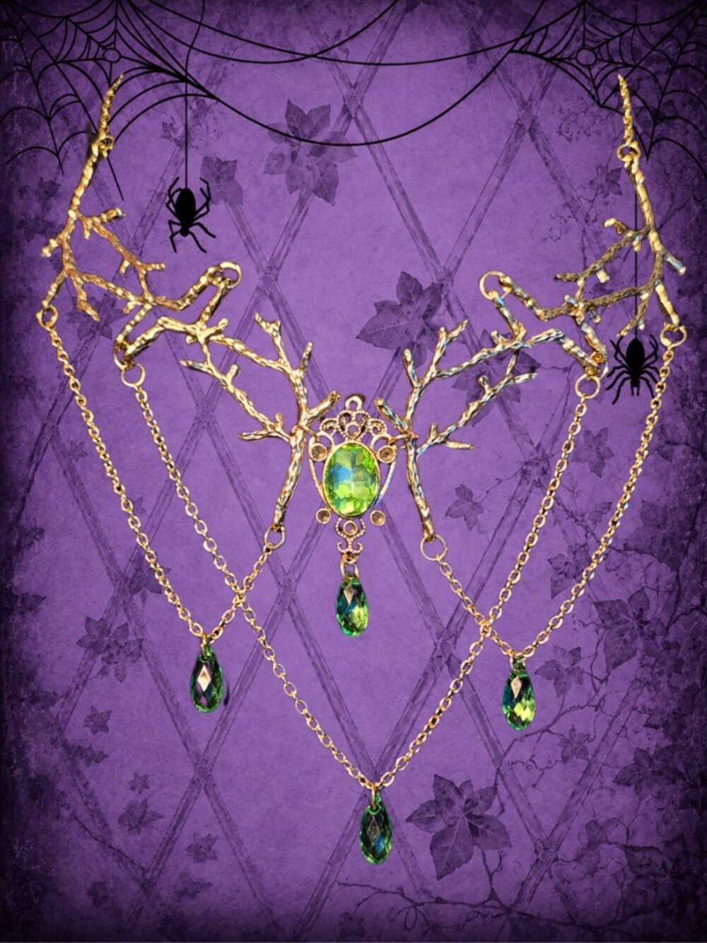 Woodland Whispers 🍃🧚♂️ Gold Tone Green Stone Branch Necklace 18"